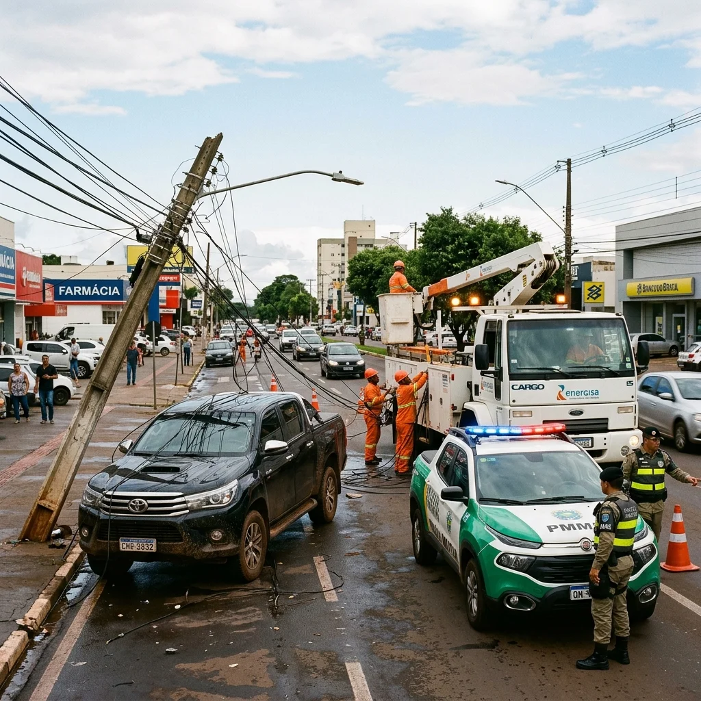 Caminhonete de luxo destrói poste de energia e deixa bairro sem luz em avenida de Campo Grande