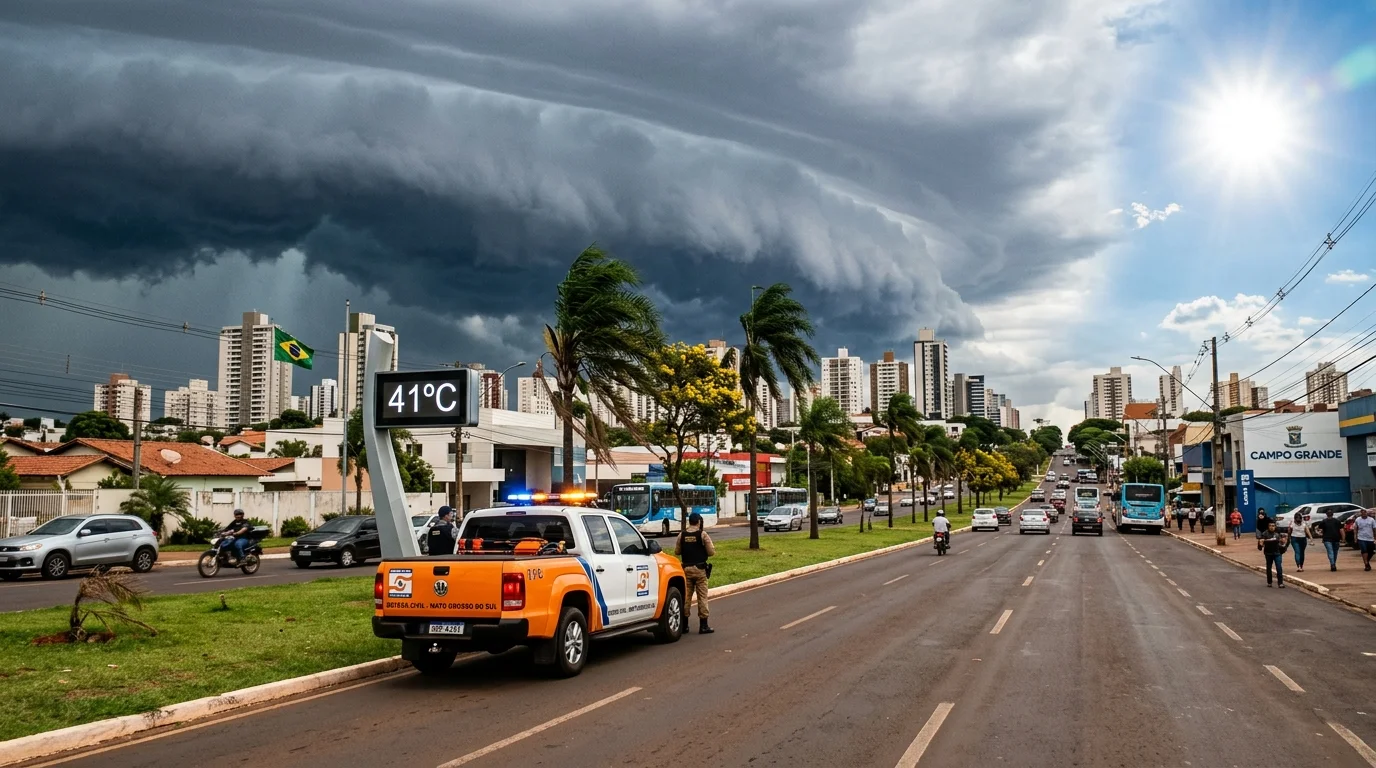 Viatura da Defesa Civil e céu de tempestade anunciando choque térmico e frente fria sobre Mato Grosso do Sul
