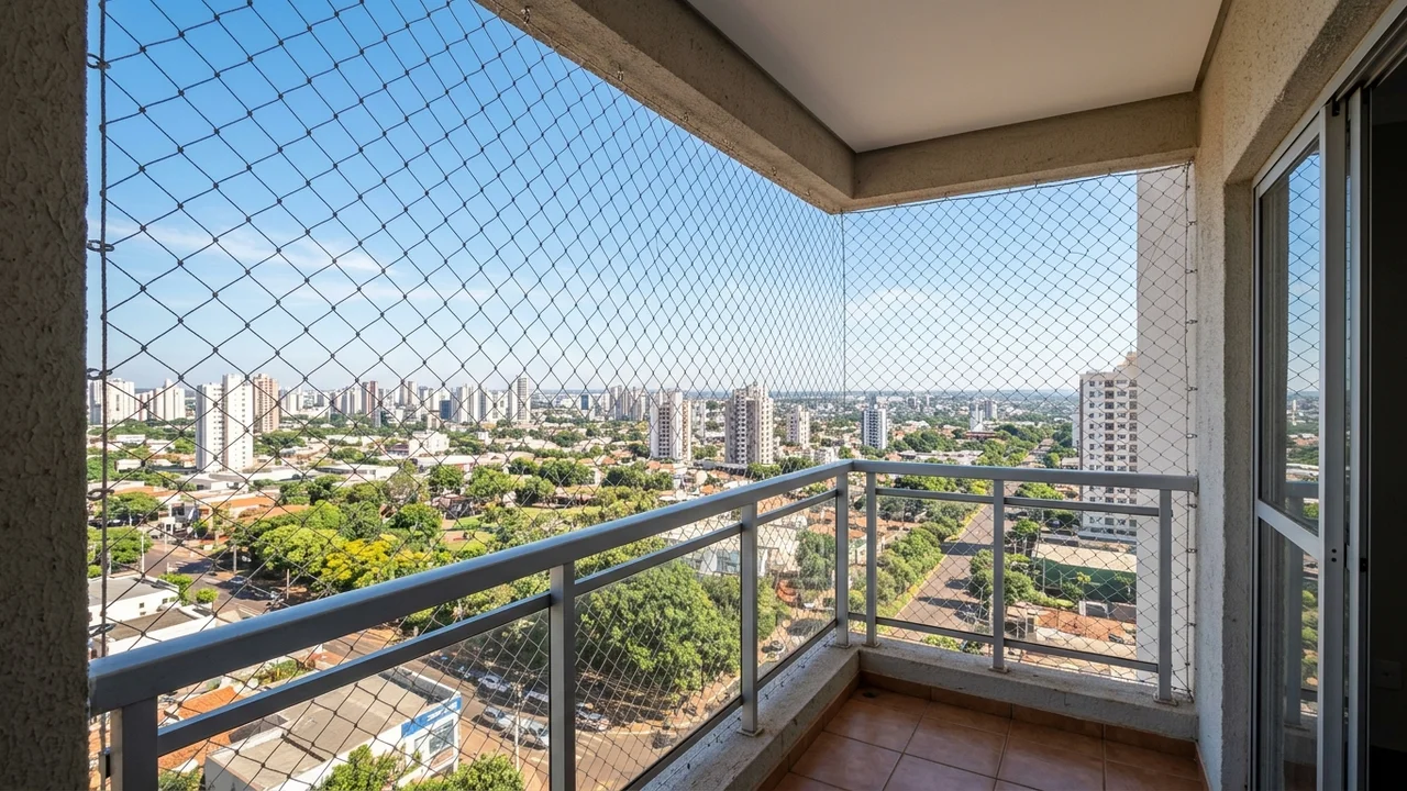Sacada envidraçada de edifício residencial em Campo Grande com rede de proteção de polietileno devidamente instalada e tensionada sobre a paisagem urbana da capital