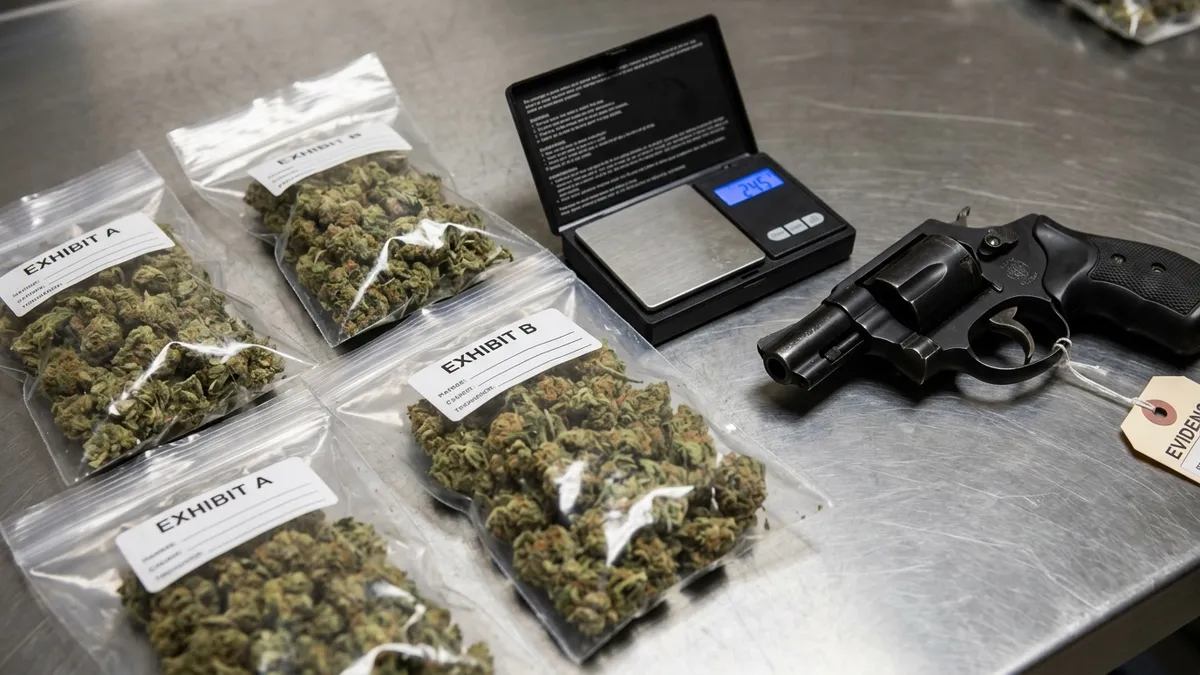 Apreensão de drogas do tipo skunk embaladas, balança de precisão e revólver .38