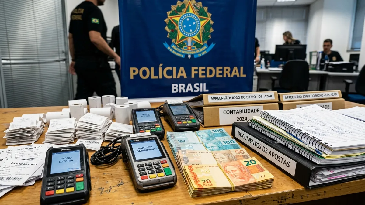 Material apreendido exposto na mesa com máquinas POS de apostas, recibos de loteria ilegal e livros de contabilidade