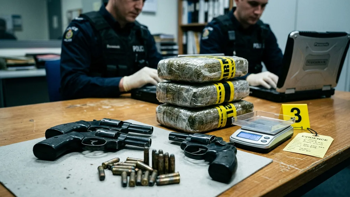 Mesa da delegacia exibindo os dois revólveres confiscados, munições metálicas e tabletes de maconha prensada