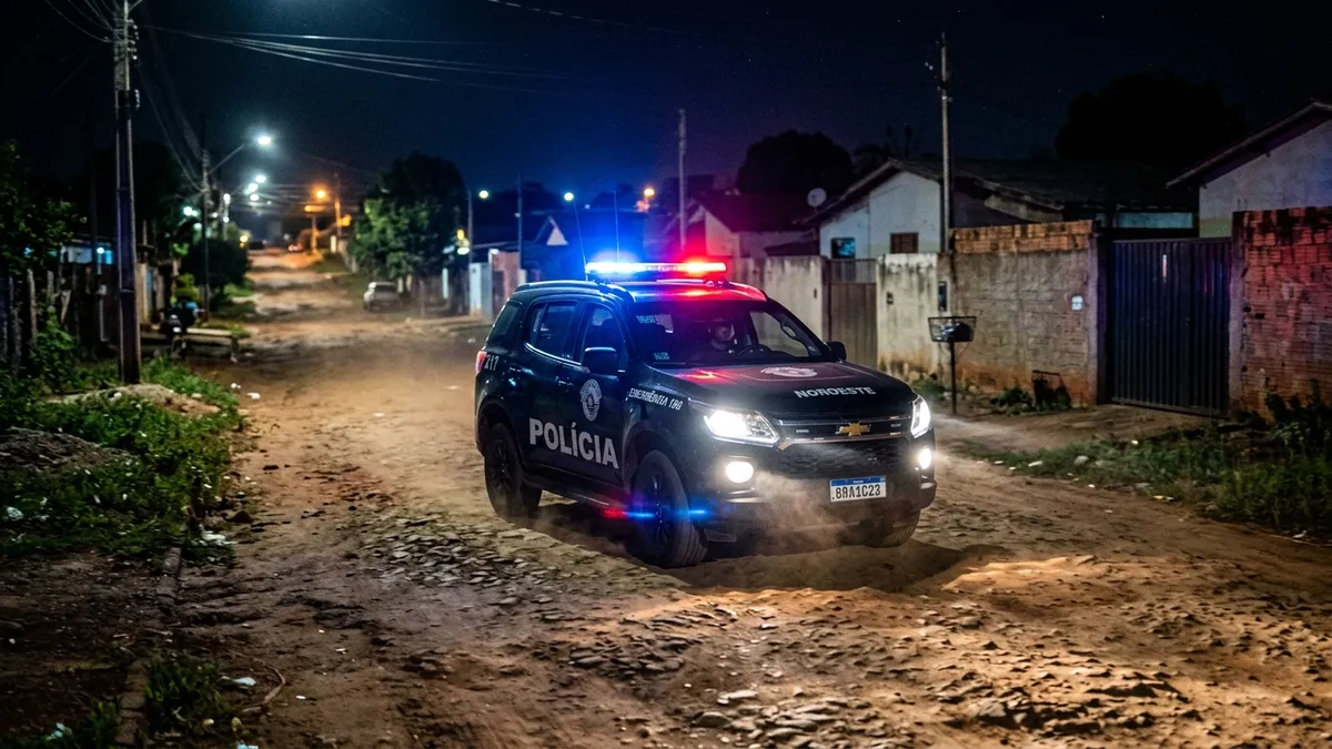 Viatura preta do Batalhão de Choque com giroflex vermelho e azul ligado realizando patrulha noturna no Bairro Noroeste