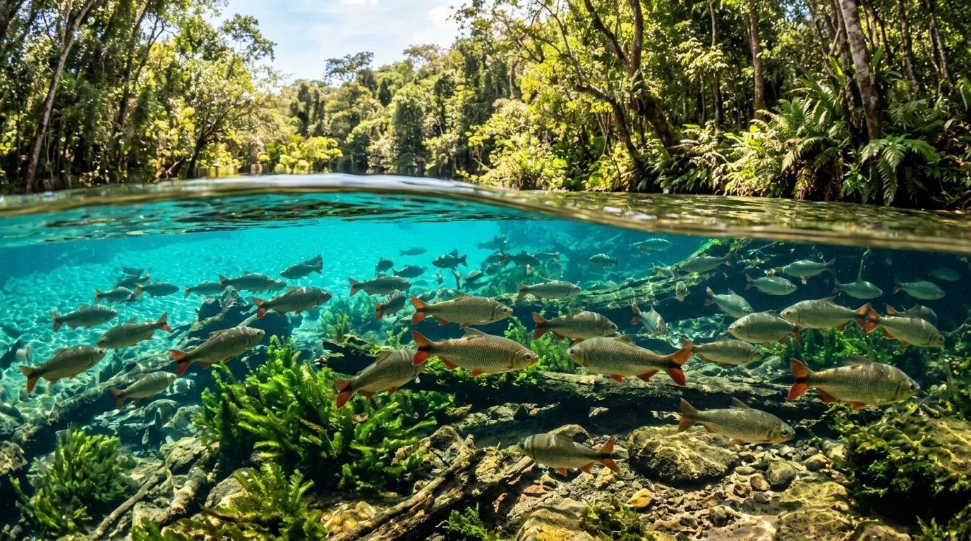 Fotografia subaquática de águas cristalinas com peixes nativos em rio de Bonito Mato Grosso do Sul