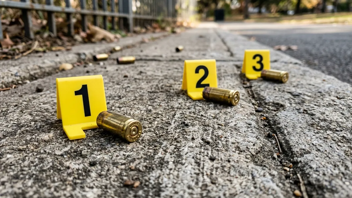 Cápsulas de metal deflagradas e identificadas por cones numerados de perícia forense na calçada