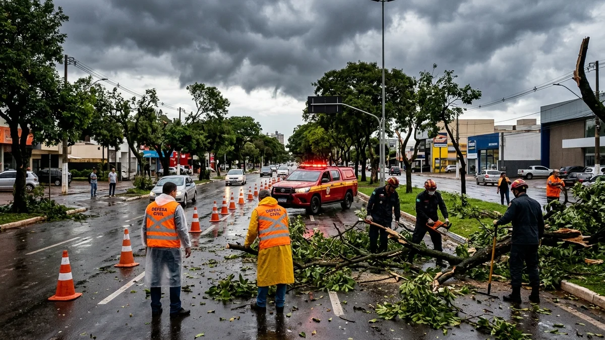 Equipes da Defesa Civil e Bombeiros atuando em desobstrução de via com árvores caídas em Campo Grande após tempestade
