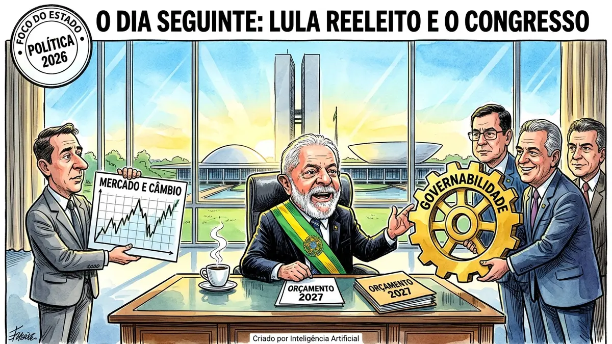 Charge editorial satírica ilustrando o dia seguinte da reeleição de Lula com o presidente na mesa de trabalho, lideranças do Congresso segurando a engrenagem da governabilidade e operadores do mercado financeiro