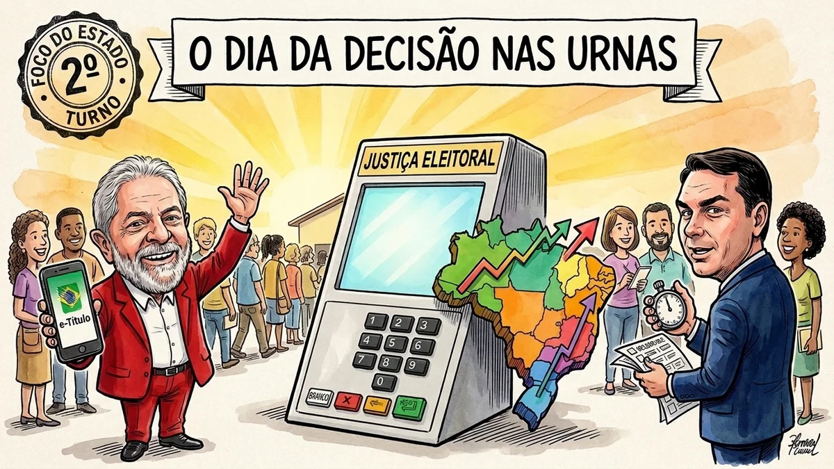 Charge editorial satírica ilustrando o dia da votação do segundo turno com Lula, Flávio Bolsonaro e a urna eletrônica