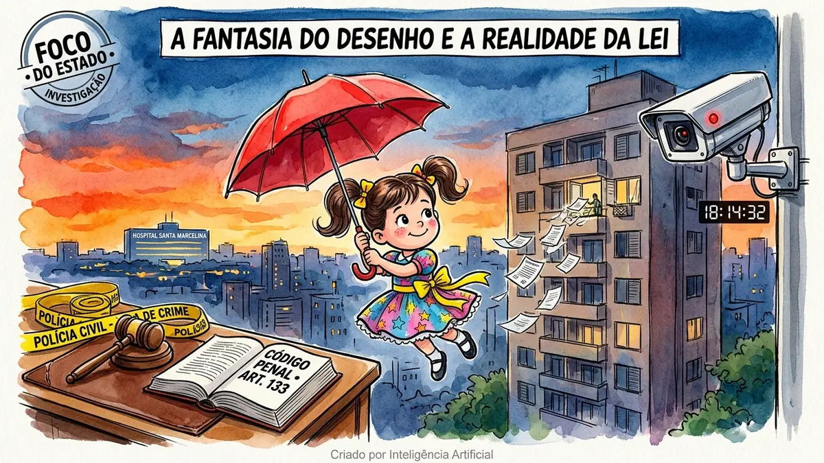 Charge editorial ilustrativa sobre a investigação da queda de menina autista do 5º andar em Itaquera e a prisão dos pais