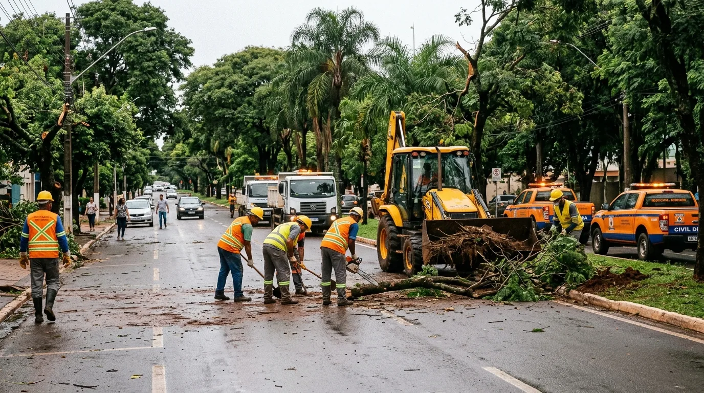 Equipes da Prefeitura de Campo Grande e Solurb realizam desobstrução e limpeza de lama e galhos em avenida após temporal histórico