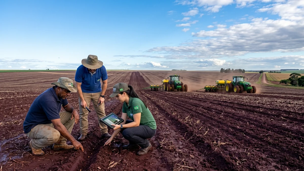 Tratores e plantadeiras operando no solo úmido de lavoura de soja em Mato Grosso do Sul sob céu aberto