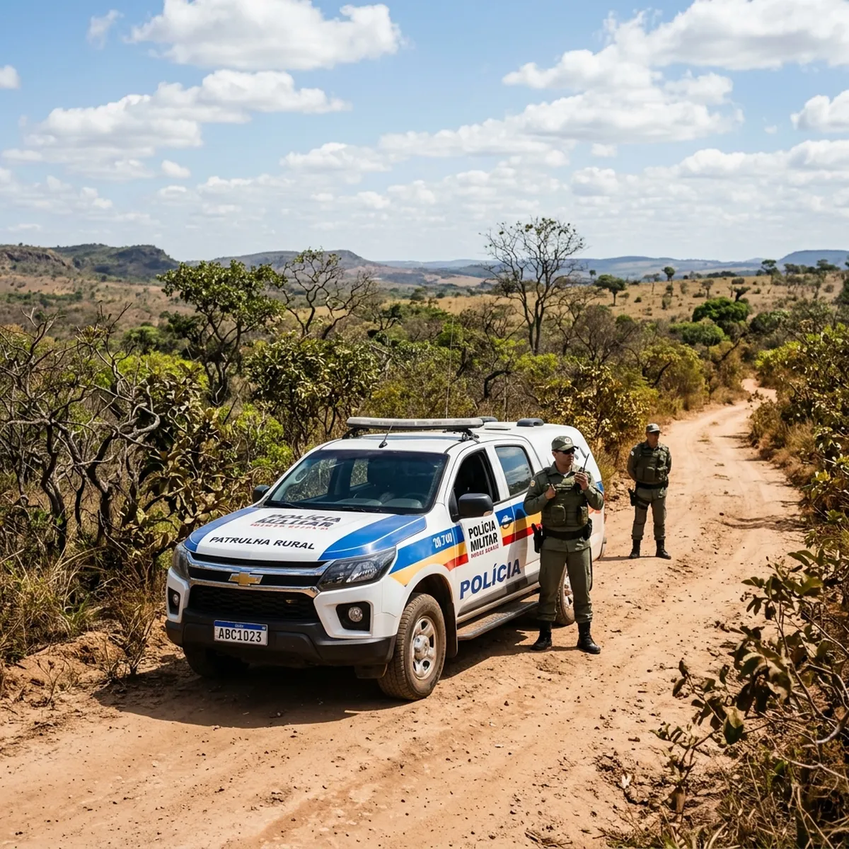 Viatura de patrulha da polícia militar em estrada de terra no Cerrado