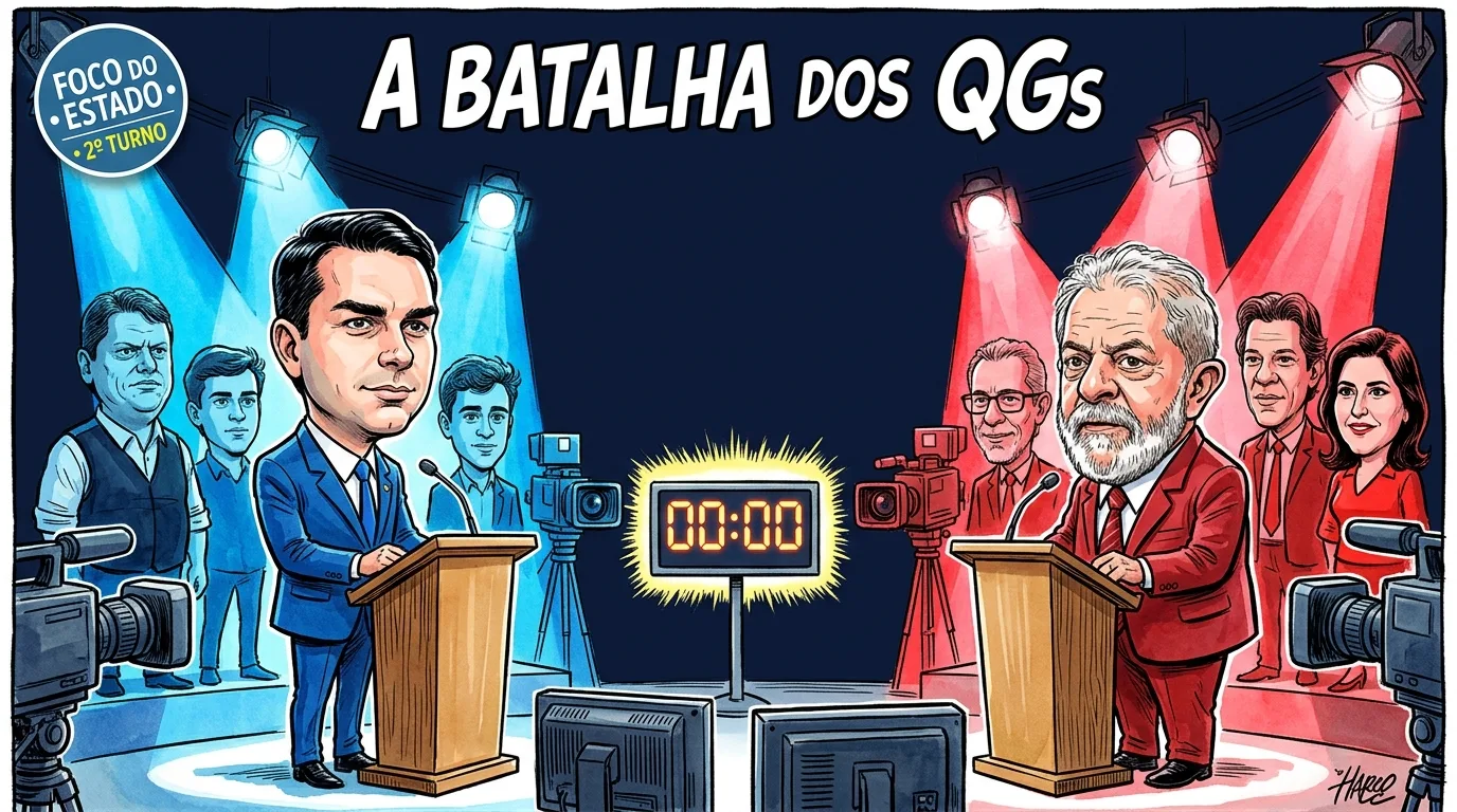 Charge editorial retratando o confronto tenso entre Lula e Flávio Bolsonaro nos púlpitos do debate da Band ladeados por suas equipes de campanha