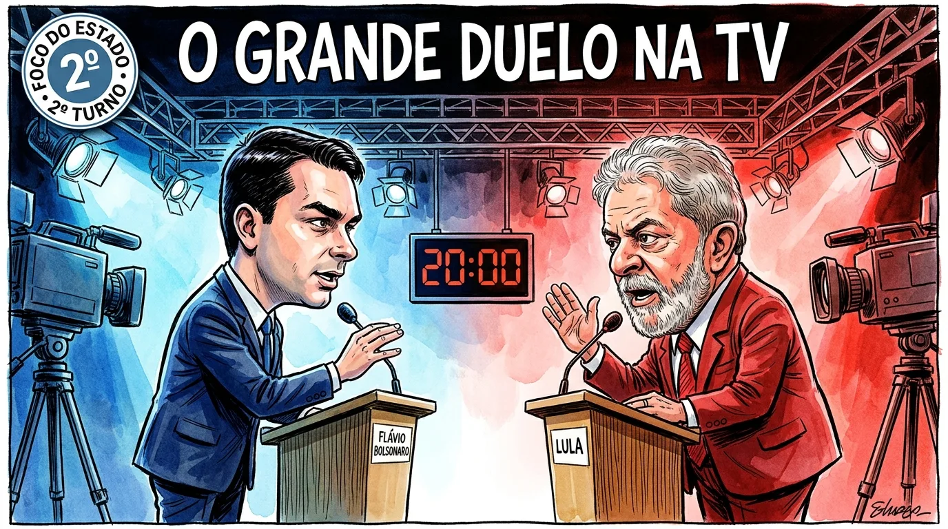 Charge editorial com caricatura de Lula e Flávio Bolsonaro frente a frente em debate televisivo no estúdio da Band