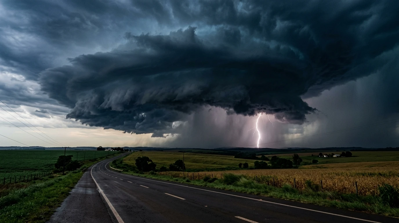 Formação de nuvem de tempestade do tipo supercélula sobre rodovia e lavouras no interior de Mato Grosso do Sul com relâmpago no horizonte