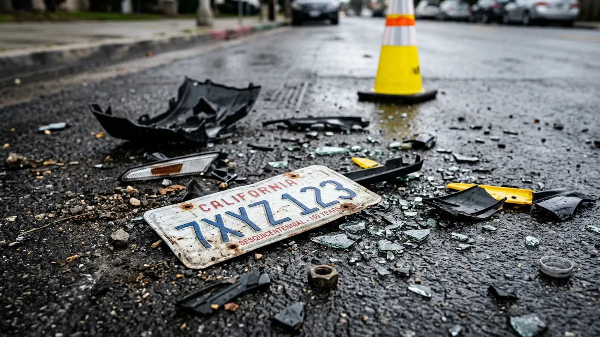 Placa de automóvel amassada e pedaços de plástico no asfalto molhado do engavetamento
