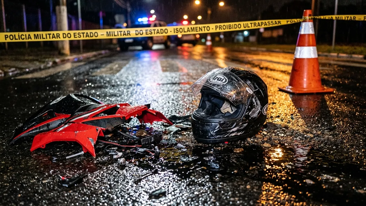 Capacete preto danificado e carenagens vermelhas no asfalto molhado à noite com fita da polícia