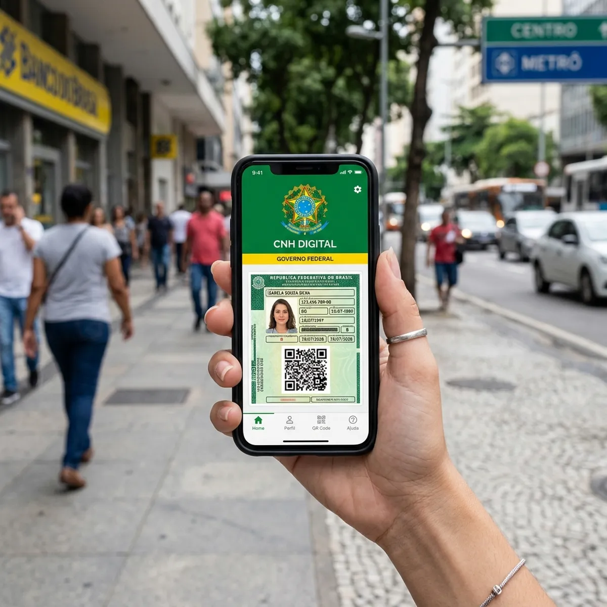Mão segurando smartphone exibindo a Carteira Nacional de Habilitação Digital (CNH Digital)