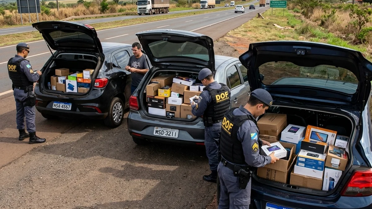 DOF apreende comboio com eletrodomésticos, eletrônicos e pneus contrabandeados na MS-386 em Mundo Novo