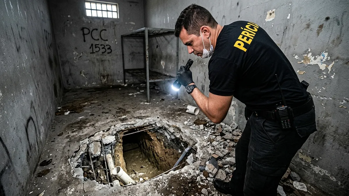 Perito criminal inspecionando a cela de Alcaçuz e analisando a tubulação violada de esgoto usada na escavação do túnel