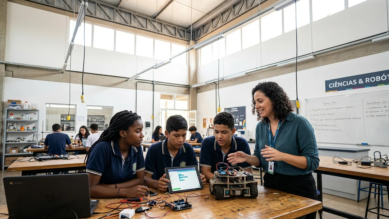 Estudantes do ensino médio e professora em laboratório de ciências e robótica educacional de Escola da Autoria em Campo Grande