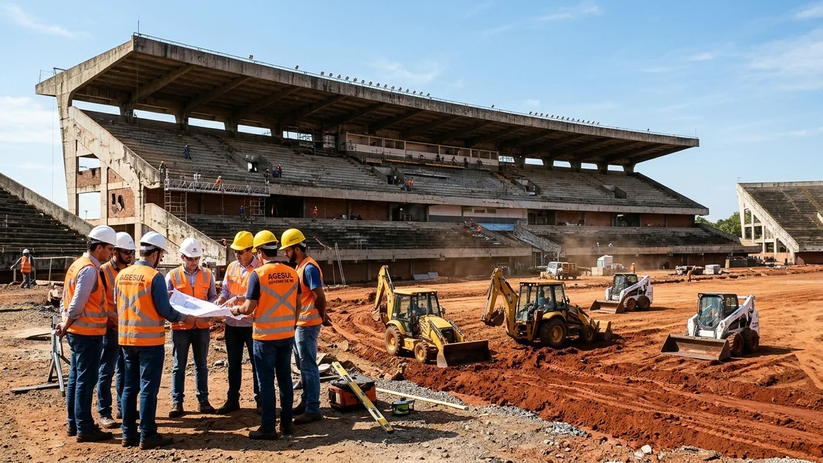 Equipes de engenharia e operários inspecionando obras no gramado e marquise do Estádio Morenão em Campo Grande