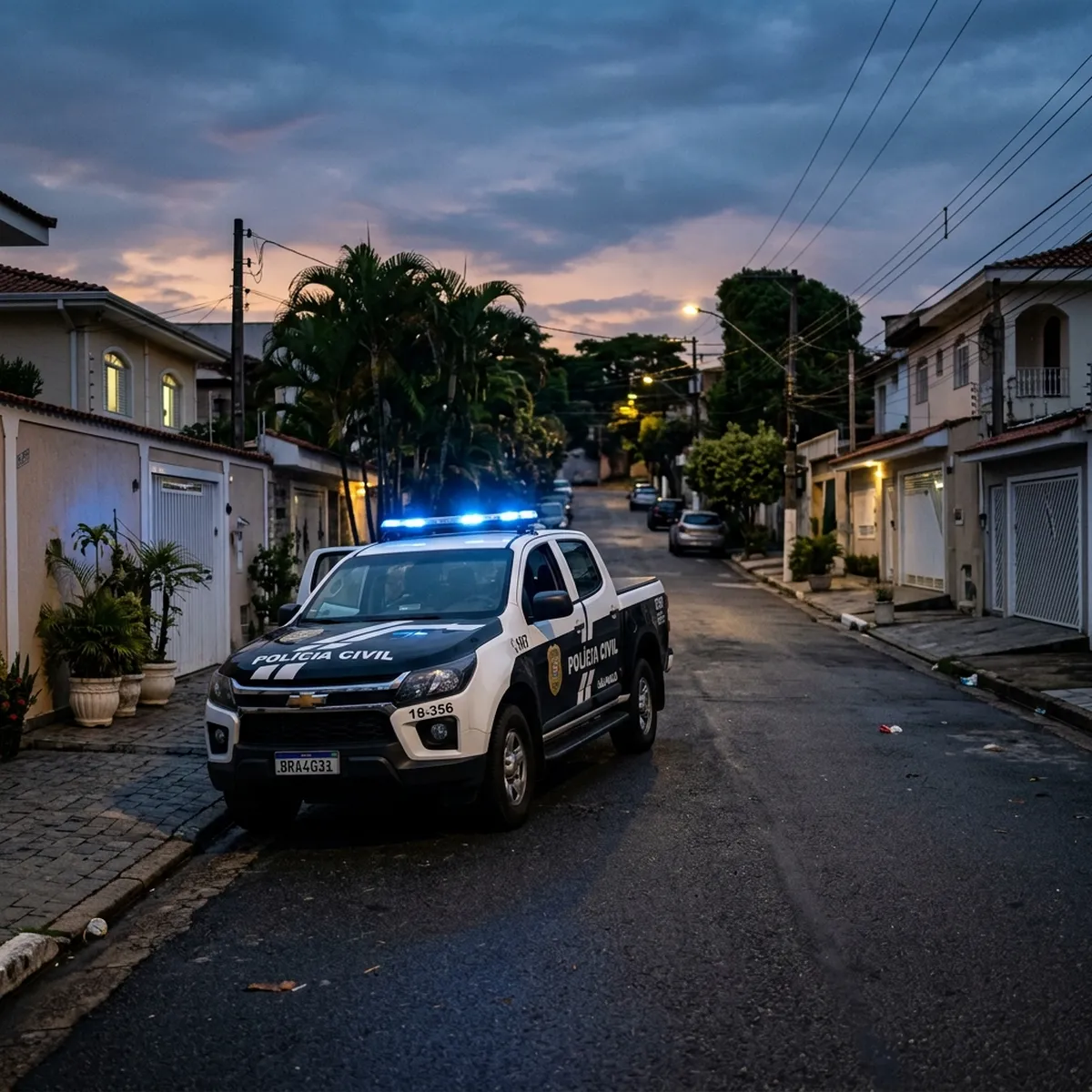 Viatura policial estacionada em rua residencial ao anoitecer