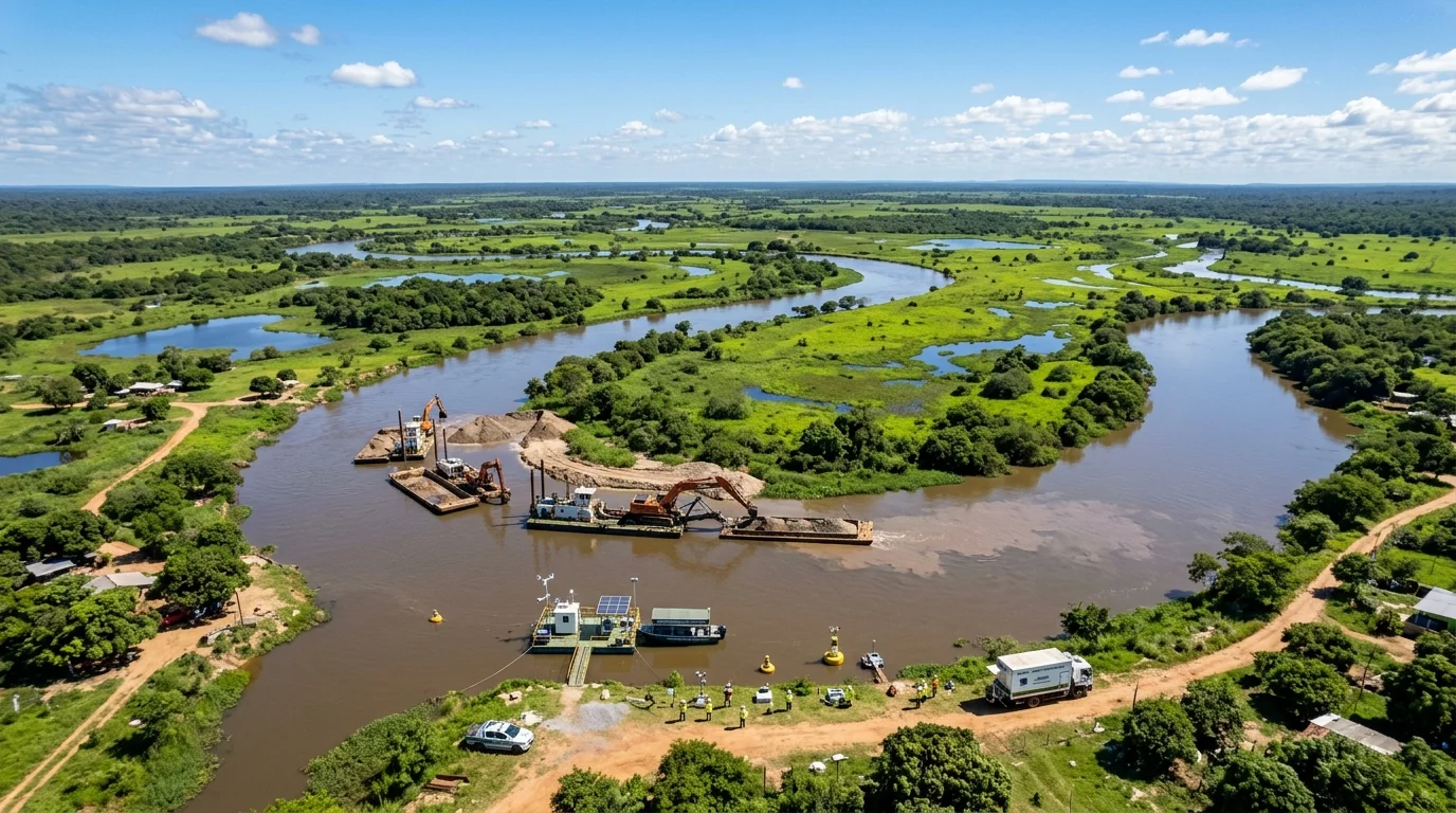Dragas operando no leito do Rio Taquari em Coxim Mato Grosso do Sul para remoção de bancos de areia e restauração do fluxo hídrico
