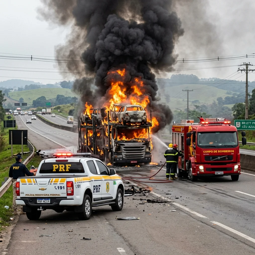 Incêndio destrói caminhão-cegonha e danifica sete carros na rodovia BR-277 em Céu Azul