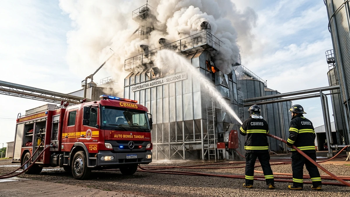 Incêndio atinge secador de grãos de grande cooperativa agrícola em Sidrolândia