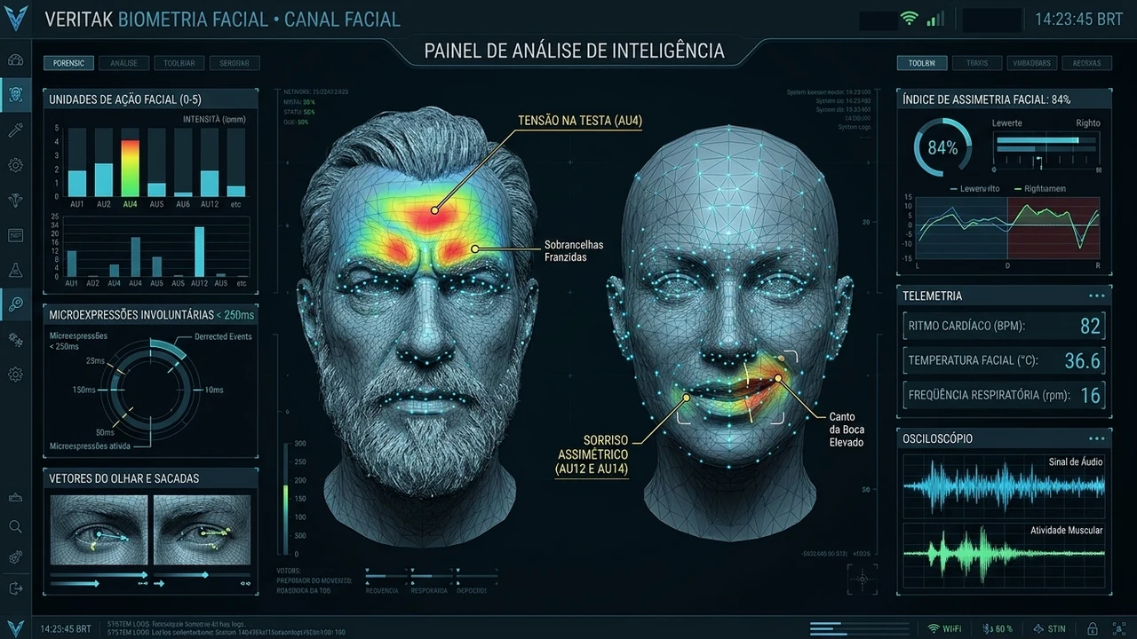 Infográfico 3: Mapeamento FACS de 468 marcos tridimensionais, Unidades de Ação Facial de microexpressão e assimetria hemifacial