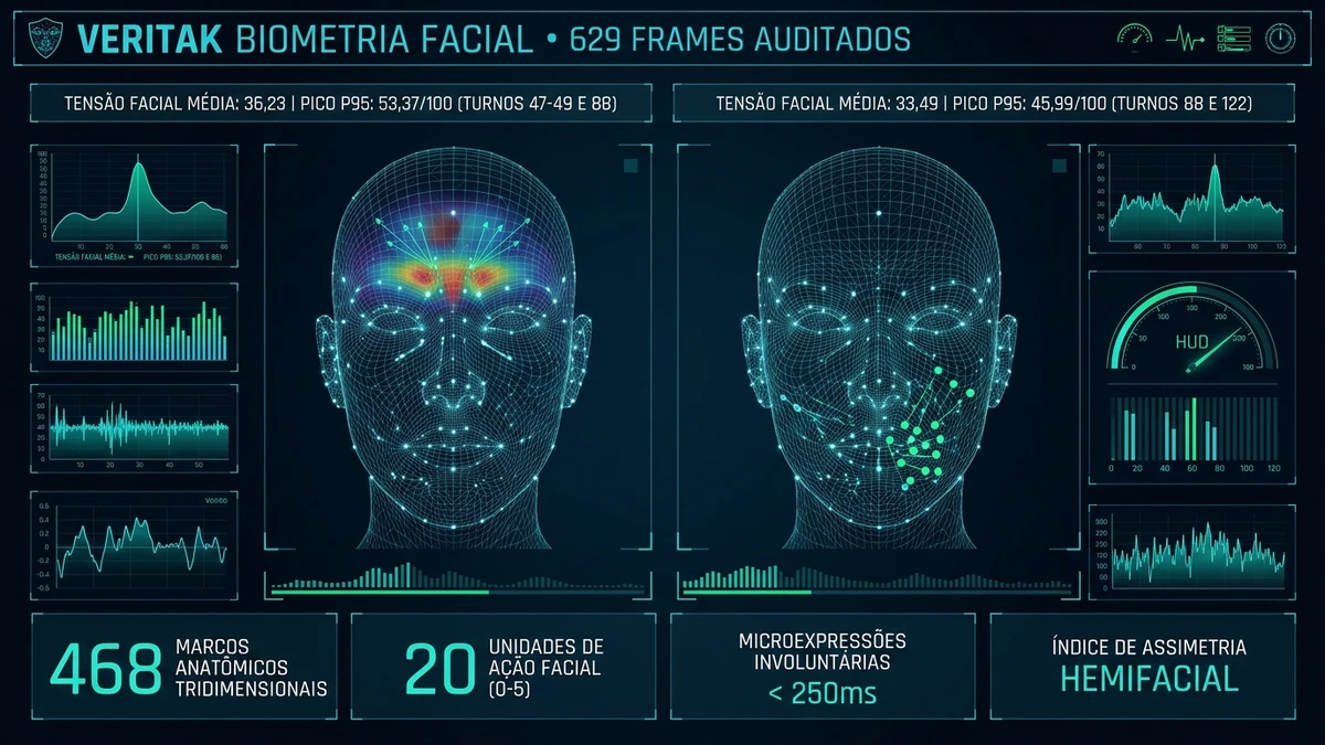 Infográfico 3: Painel de biometria facial FACS com rastreamento de 468 pontos anatômicos e microexpressões de tensão