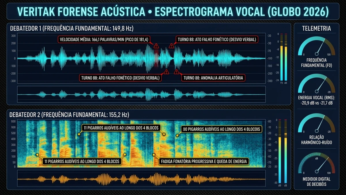Infográfico 4: Espectrograma de acústica forense com ondas sonoras, marcação temporal dos 11 pigarros e atos falhos