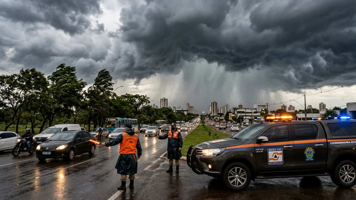 Viatura da Defesa Civil Estadual monitorando avenida sob nuvens carregadas de tempestade em Mato Grosso do Sul