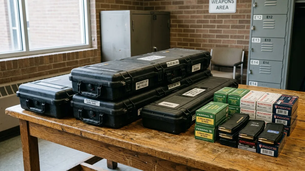 Equipamentos táticos e maletas de armas de uso policial sobre a mesa