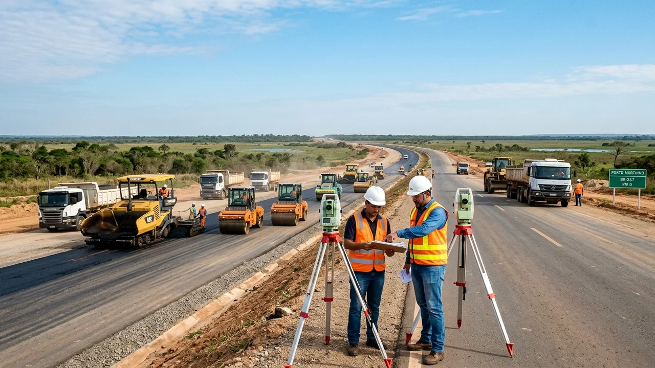 Engenheiros civis e fiscais de obras inspecionam pavimentação asfáltica e terraplanagem no contorno rodoviário da BR-267 de acesso à Ponte Bioceânica em Porto Murtinho (MS)