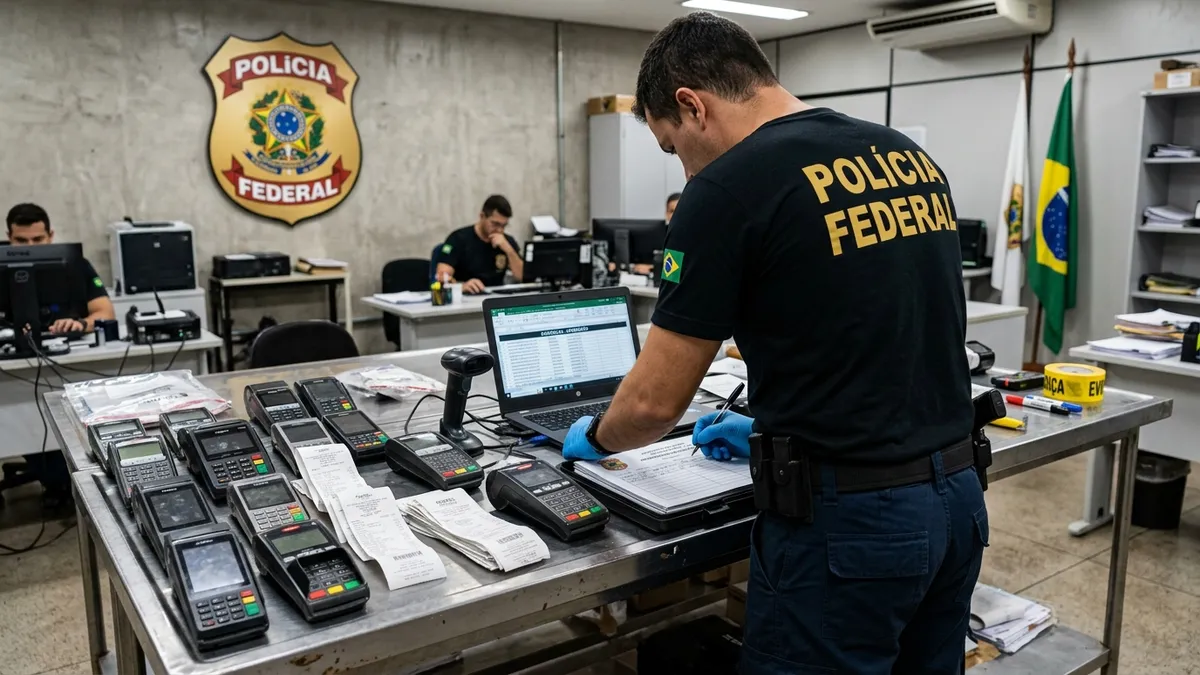 Terminais de pagamento por cartão e recibos de chaves Pix confiscados pelas equipes de investigação