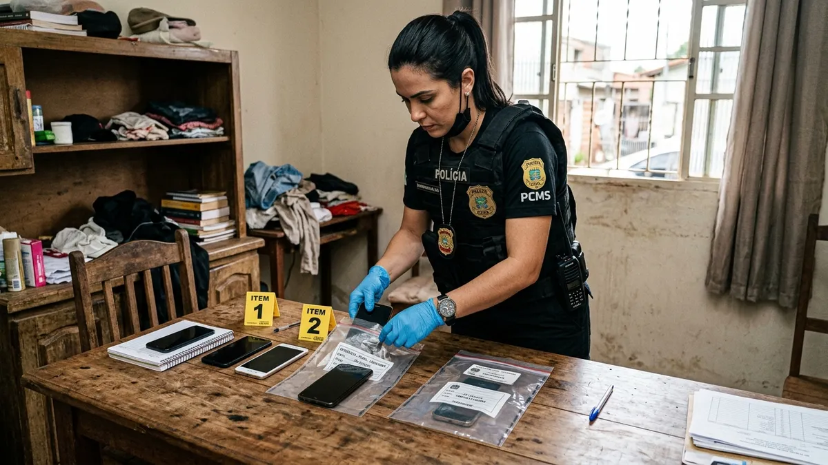 Investigadora da Polícia Civil catalogando aparelhos de telefone celular e provas confiscadas nos cativeiros de Corumbá