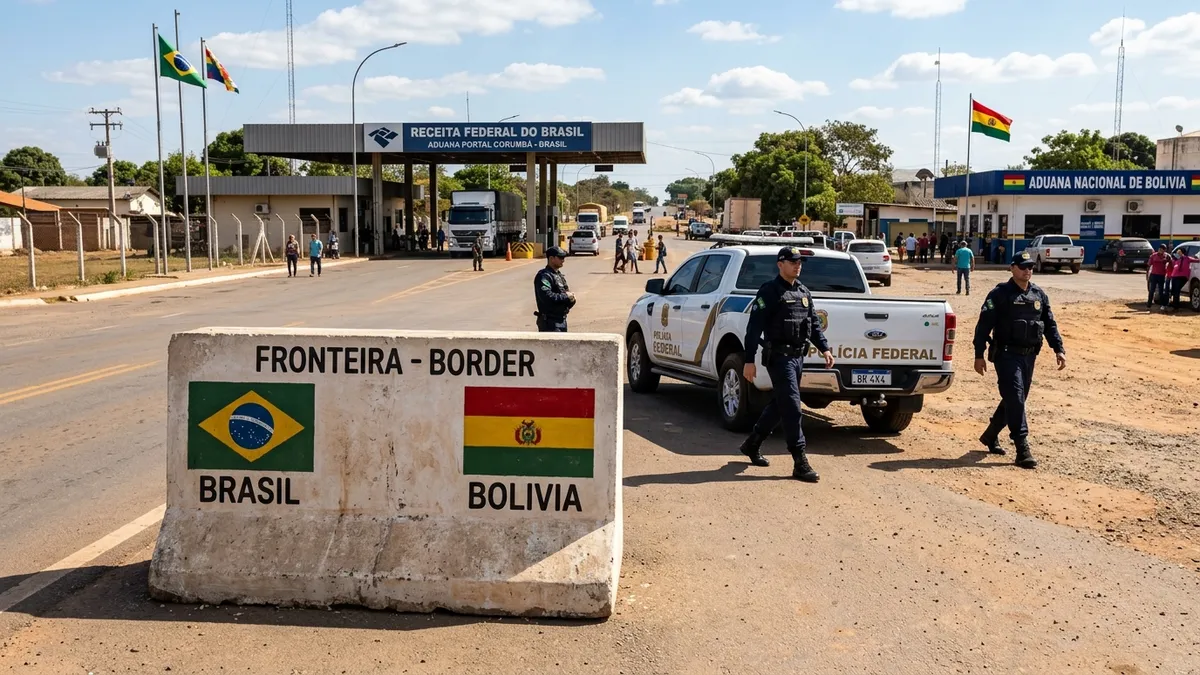 Divisa de fronteira seca internacional entre o Brasil e a Bolívia com postos de controle da Receita Federal e patrulhamento