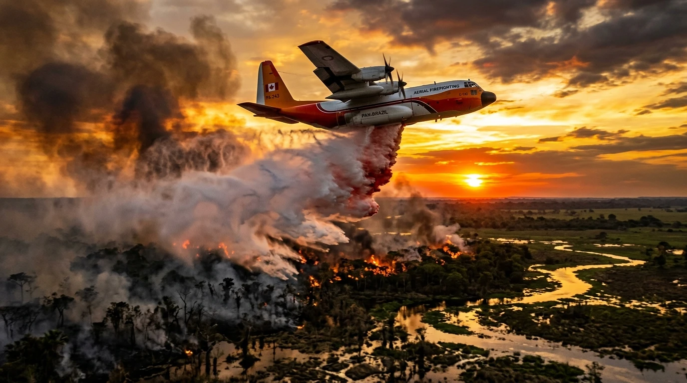 Aeronave de combate a incêndios florestais lançando água sobre vegetação do Pantanal sul-mato-grossense ao pôr do sol