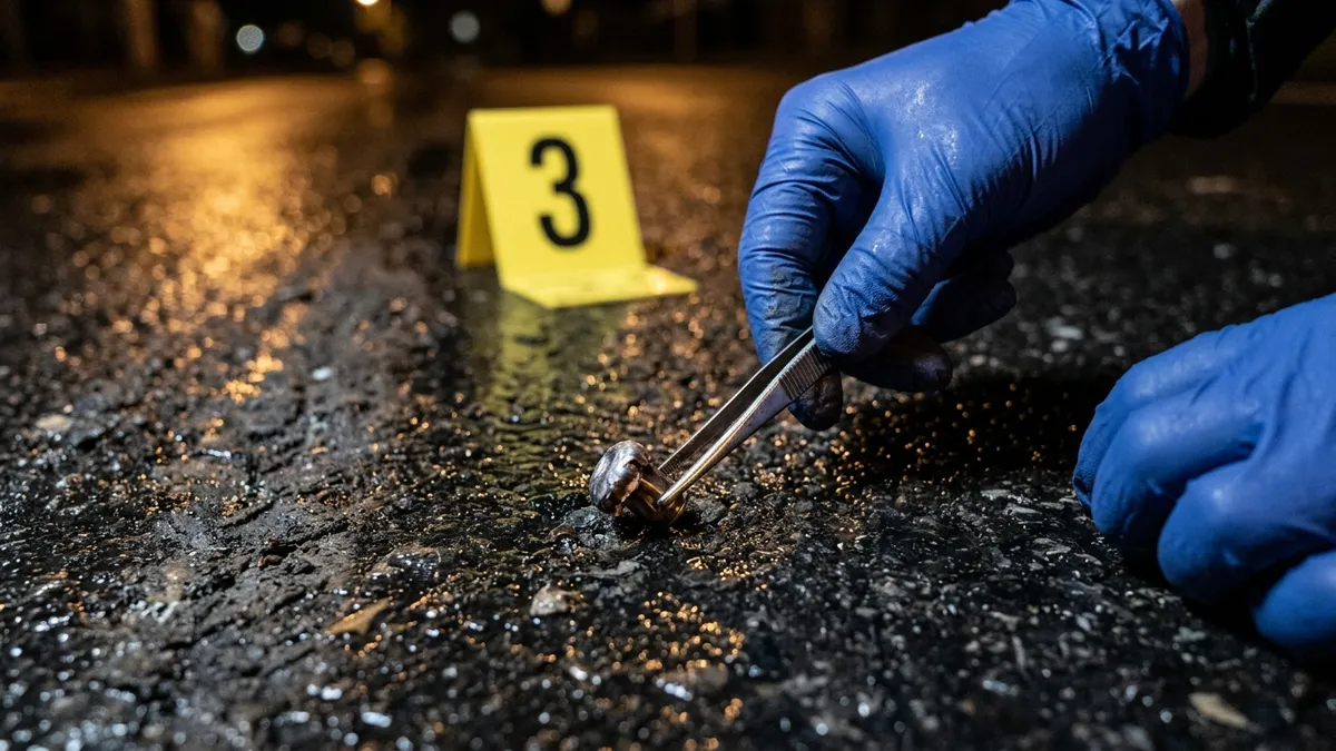 Perito forense com luvas azuis de látex recolhendo projétil no asfalto à noite com pinça
