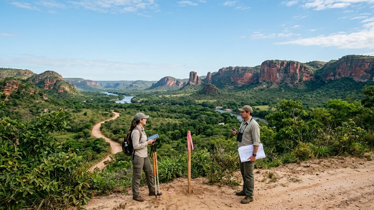 Especialistas avaliando áreas de loteamento com vista panorâmica para a Serra de Maracaju e o vale do Rio Aquidauana em Piraputanga