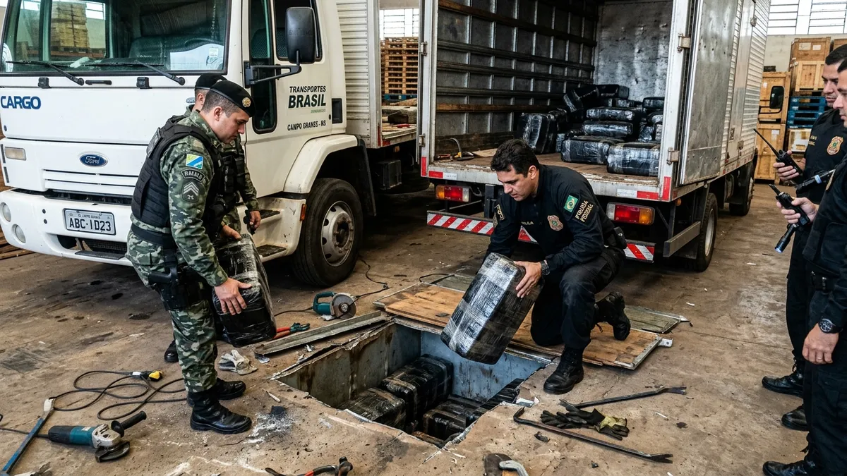 Polícia apreende caminhão com fundo falso contendo 142 fardos de descaminho