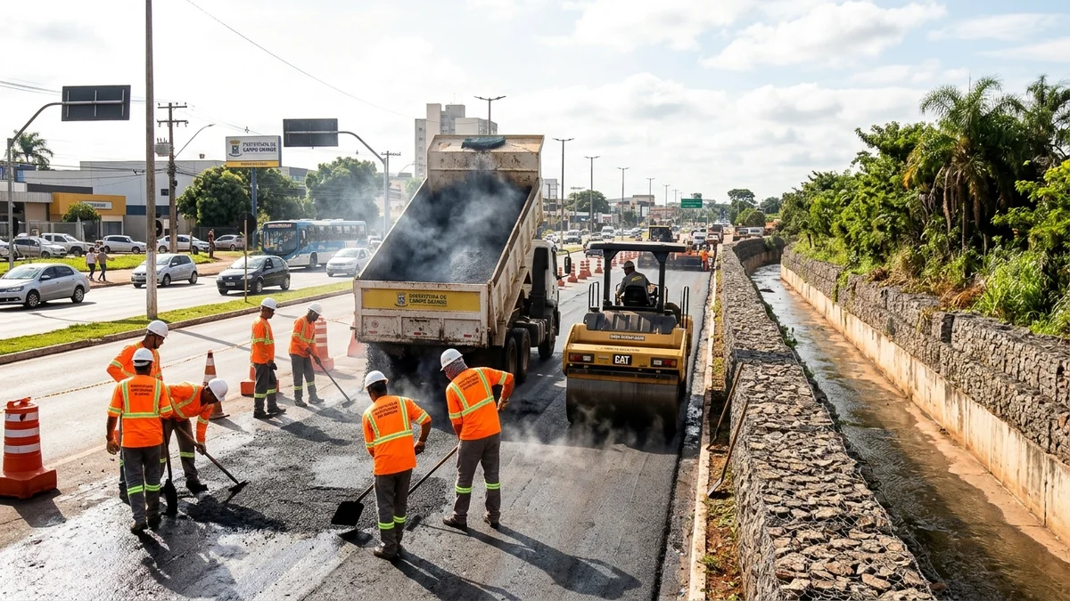 Equipes da Sisep com rolo compressor e caminhão basculante em obras de recapeamento na Avenida Ernesto Geisel em Campo Grande
