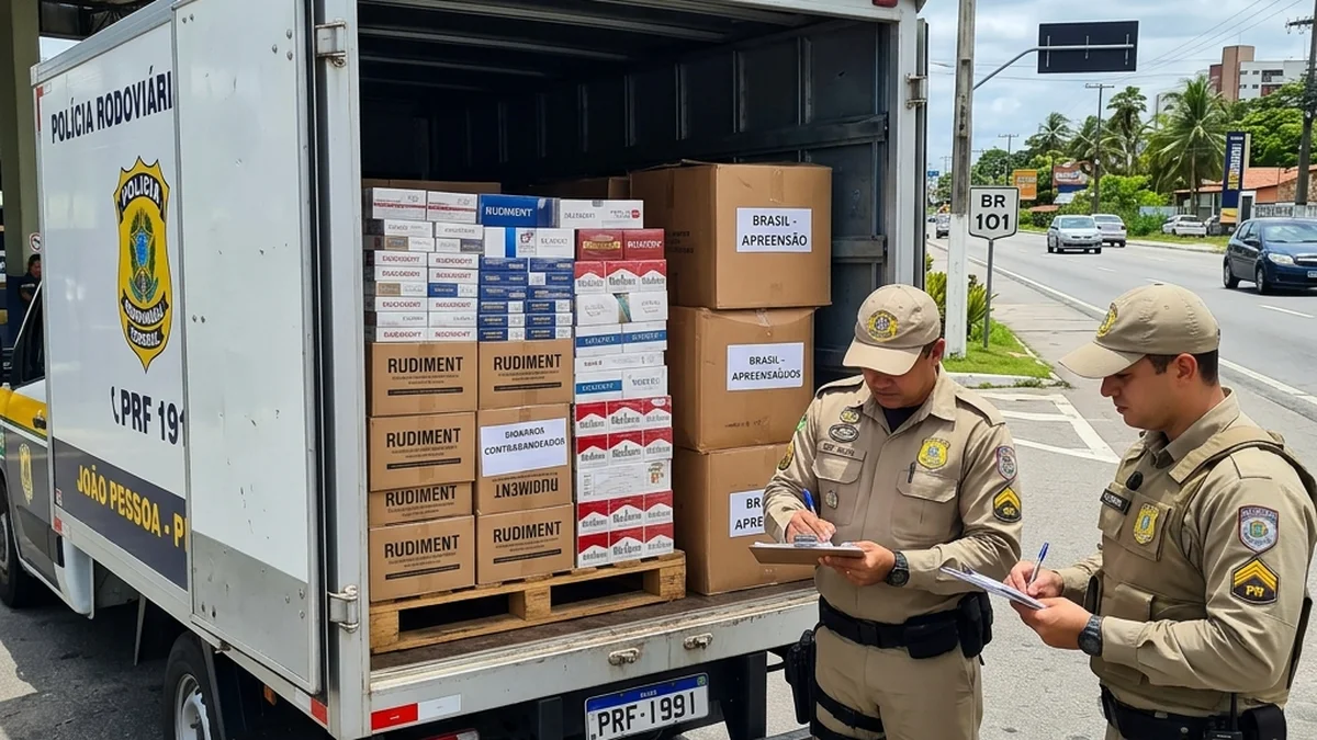 PRF intercepta caminhão baú na BR-101 em João Pessoa com 450 mil maços de cigarros estrangeiros contrabandeados