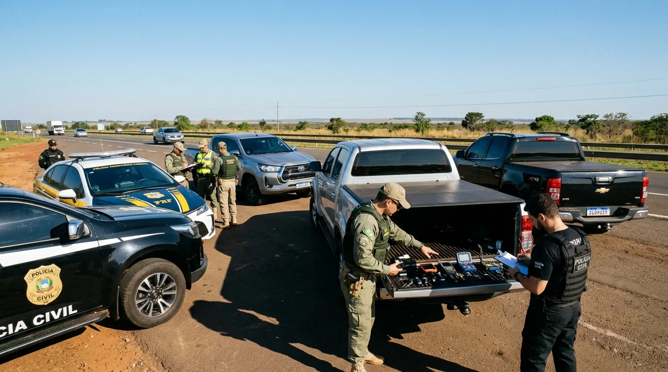 Viaturas da Polícia Rodoviária Federal e da Polícia Civil em fiscalização e recuperação de veículos na rodovia em Mato Grosso do Sul