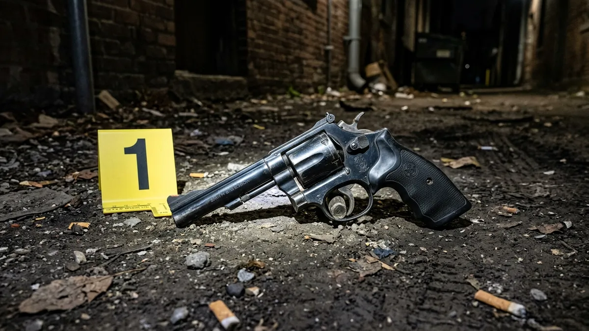 Revólver calibre .38 preto caído no solo do beco com cone de perícia número 1