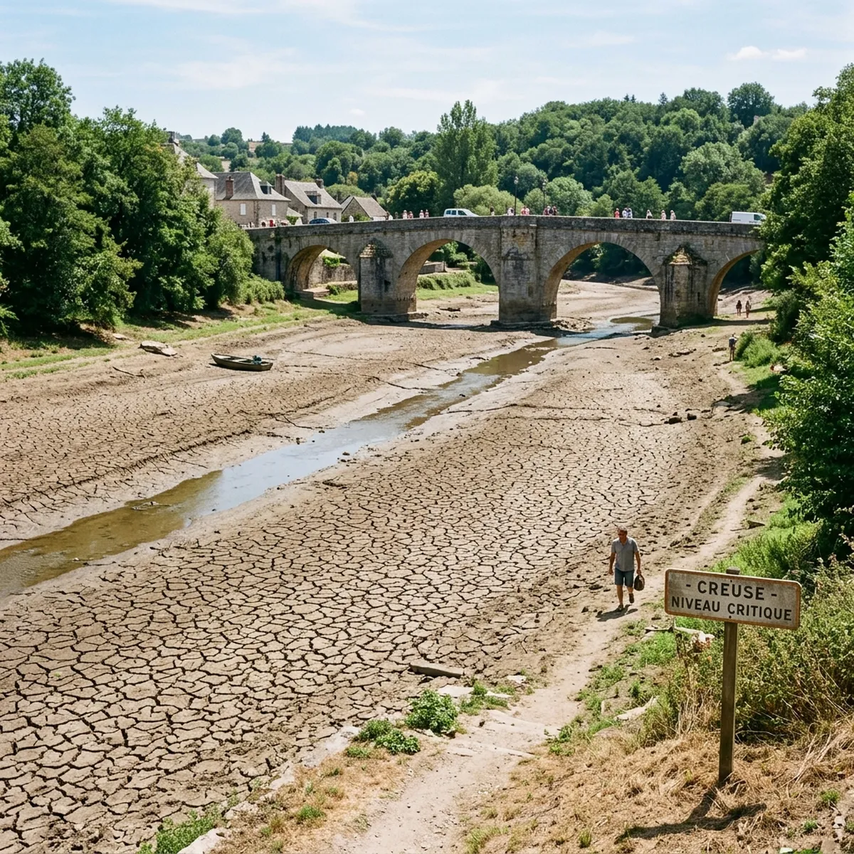 Leito exposto do rio Creuse na França com sinalização de nível crítico