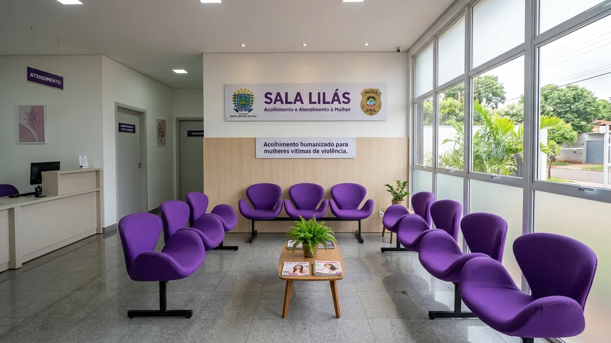 Interior moderno e vazio de uma Sala Lilás de acolhimento em delegacia de MS