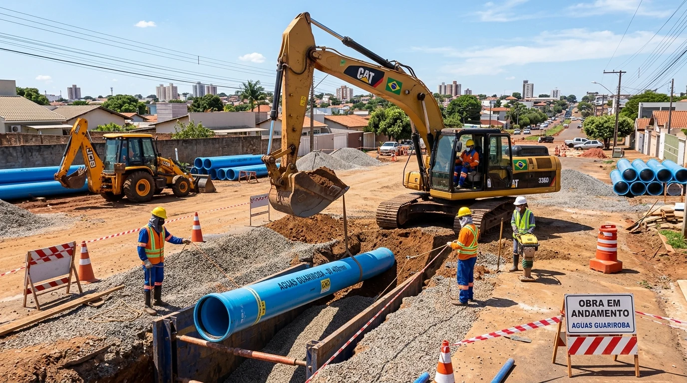 Operários e maquinário pesado instalando tubulação de esgoto e preparando pavimentação em bairro de Campo Grande MS